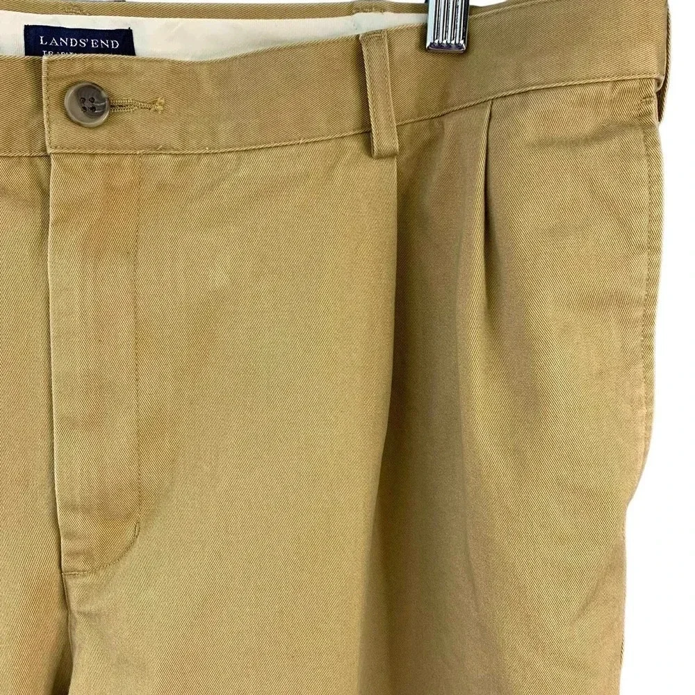 Lands' End Traditional Fit Pleated Chino Pants Men Size 38 Khaki Straight Leg